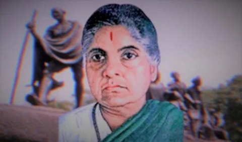 Portrait of Durgabai Deshmukh composited against a Dandi march memorial sculpture.