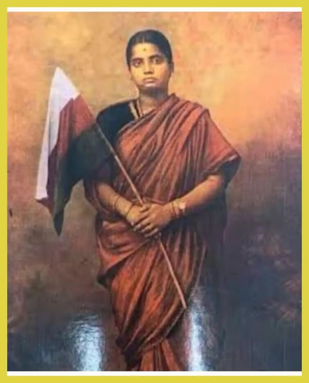Painting of a young woman in a sari standing and holding the staff of a Swaraj flag across her body.
